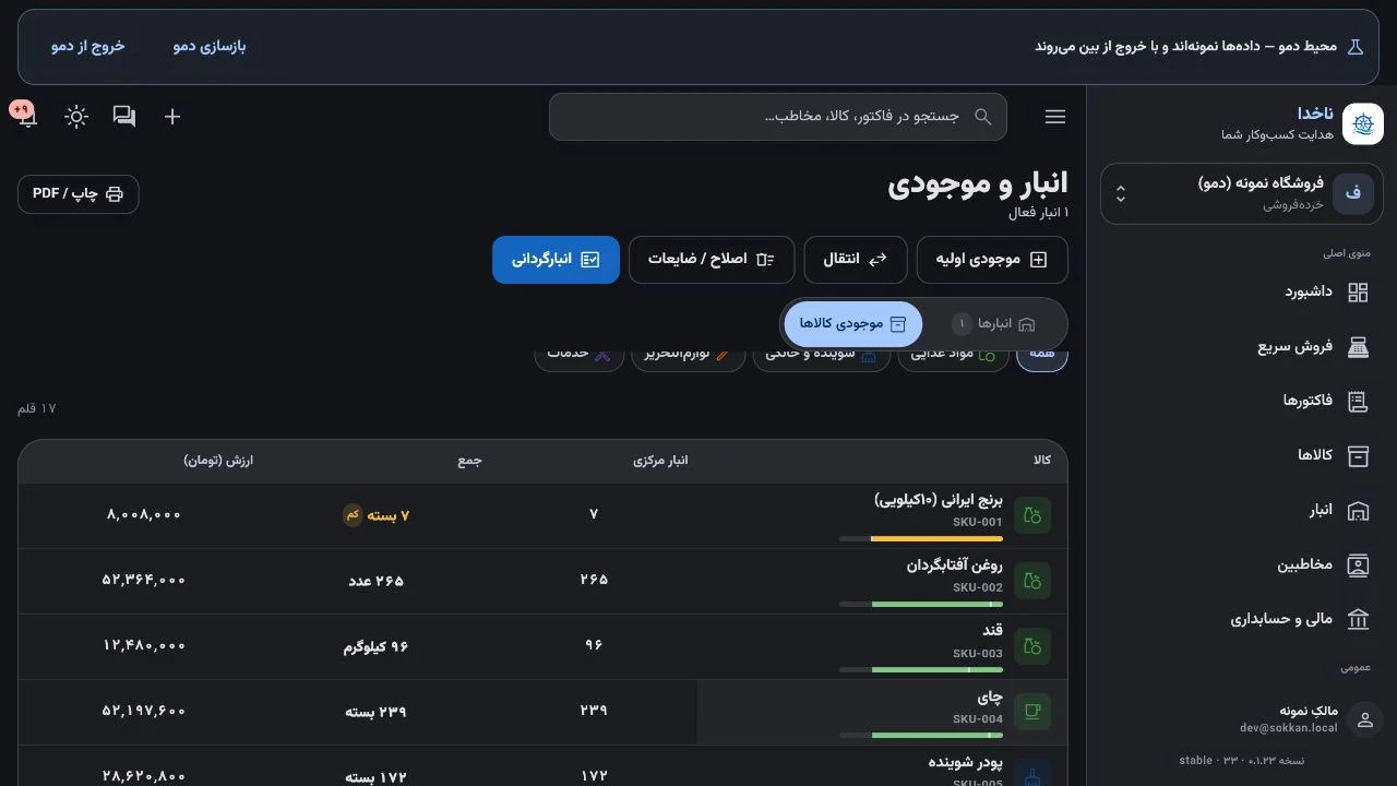 موجودی کالاهای فروشگاه نمونه ناخدا؛ برنج با موجودی هفت بسته و نشان کمموجودی در انبار مرکزی
